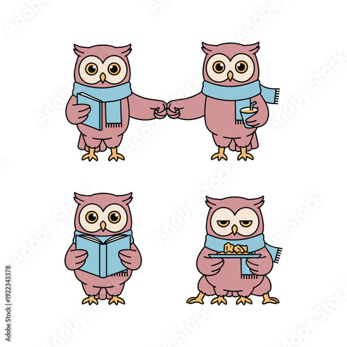 Cartoon owls reading books and holding hands in a friendly gesture with copy space