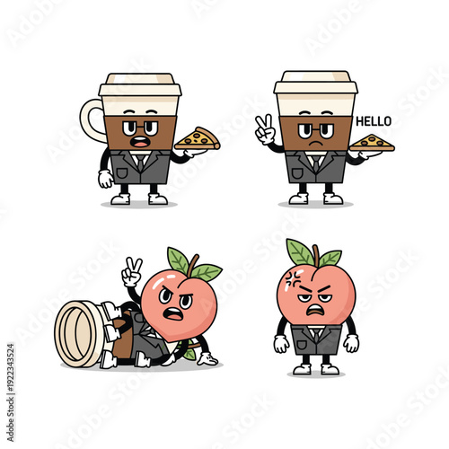 Cartoon coffee cup and peach characters in business attire with different emotions and actions