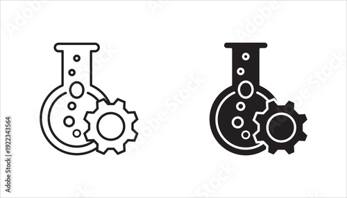 Minimalist editable stroke vector icon of laboratory flask combined with gear symbol representing research and development, chemical engineering, biotechnology, and scientific innovation.