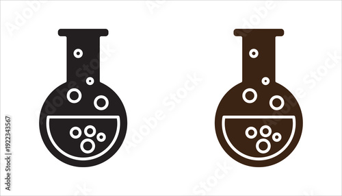 Editable outline vector icon of laboratory flask with liquid and bubbles symbolizing chemical experiment, scientific research, pharmaceutical development, and education concept.