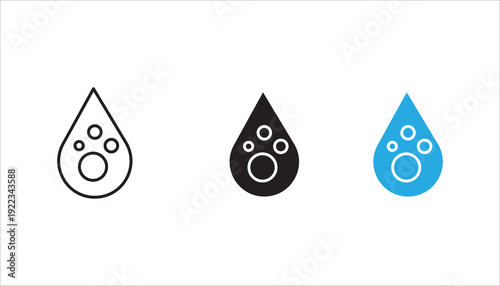 Editable outline vector icon set3 of water droplet with bubbles representing purity, clean water, hydration, skincare, and liquid freshness concept.