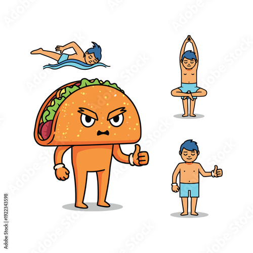 Cartoon taco character practicing yoga and swimming with friends, thumbs up, fun and healthy lifestyle