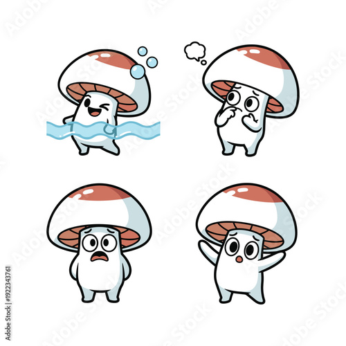 Cartoon mushroom characters expressing different emotions with cute faces