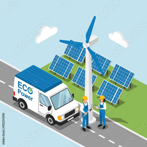 Technicians Inspecting Solar Panels and Wind Turbine.