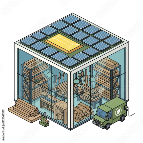 Warehouse with Solar Panels on Roof.
