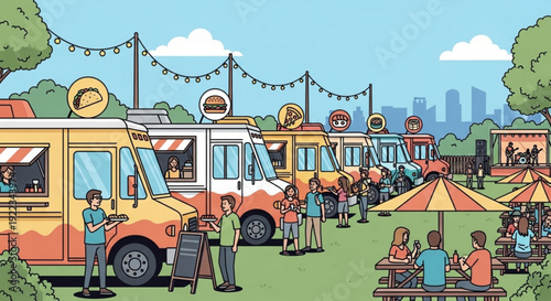 Food trucks gathered at an outdoor festival with people eating and socializing in a park