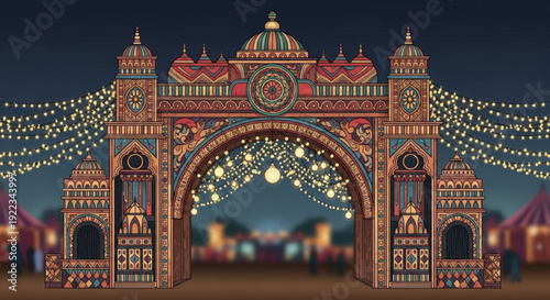 Vibrant indian style archway with colorful lights at nighttime festival or celebration event