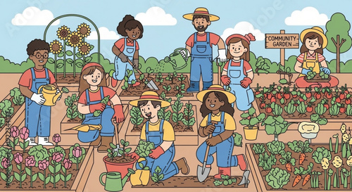 Diverse gardeners planting flowers and vegetables in a community garden on a sunny day with blue sky