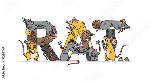 Group of mice in lettering teamwork and friendship concept with rodents in hats and clothes