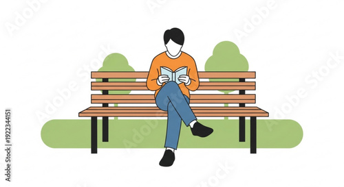 Man sitting on park bench reading book in peaceful outdoor setting with trees