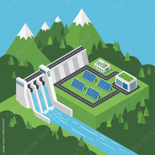 Hydroelectric Dam with Solar Panels and Water Flow.
