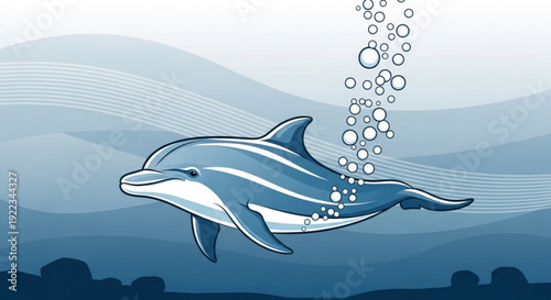 Dolphin swimming underwater with bubbles ocean waves blue sea creature marine life