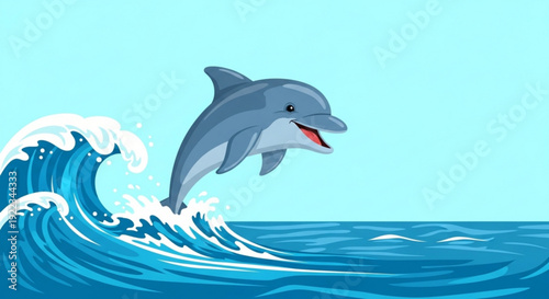 Dolphin jumping out of ocean waves in a playful aquatic scene with blue hues and dynamic splashes