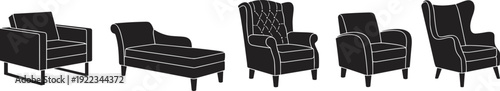Armchair and chaise lounge silhouette collection, classic upholstered furniture set isolated on white background vector illustration