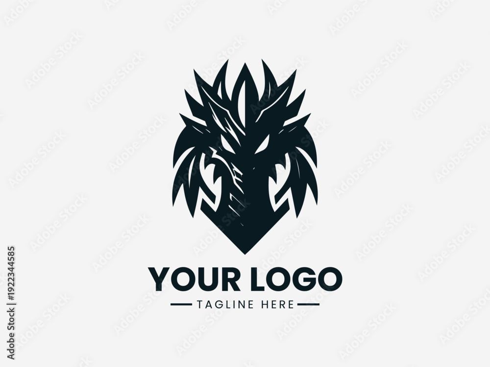 Obraz premium Black logo design featuring a stylized leafy head with a placeholder text 'YOUR LOGO' and 'TAGLINE HERE' on a white background.