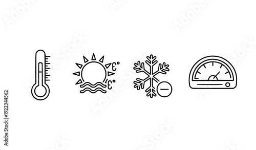 Temperature Weather Outline Icon Set with Thermometer Sun Snowflake and Gauge Vector Collection