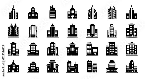 Modern Office Buildings Vector Icons – Black Flat Architectural Illustration