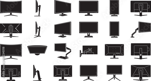 Computer Monitor Silhouettes Collection, Modern LED and Curved Display Screens Set with Side and Front Views