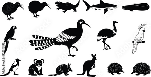 Australian wildlife silhouette set, black and white vector collection of native animals and birds isolated on white background for nature design