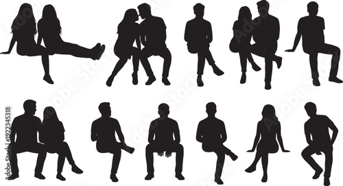Couple and single people sitting silhouette set, romantic and casual poses isolated on white background