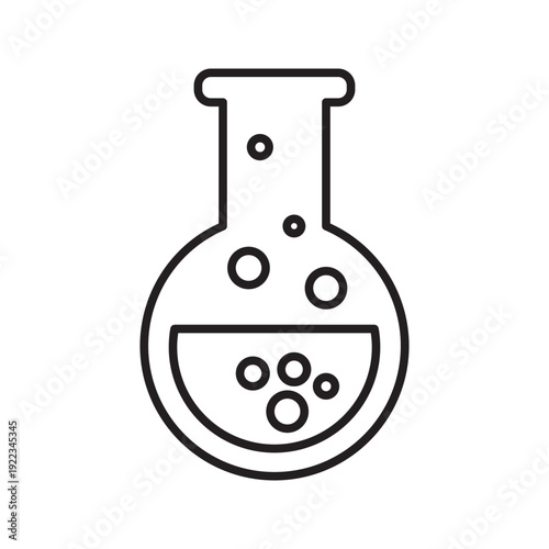Editable outline vector icon of laboratory flask with liquid and bubbles symbolizing chemical experiment, scientific research, pharmaceutical development, and education concept.