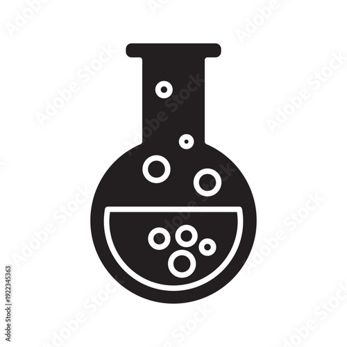 Editable outline vector icon of laboratory flask with liquid and bubbles symbolizing chemical experiment, scientific research, pharmaceutical development, and education concept.