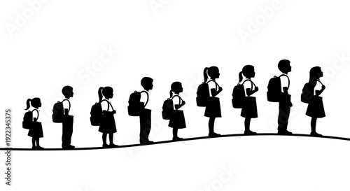 Silhouette of diverse students walking with backpacks to school education journey