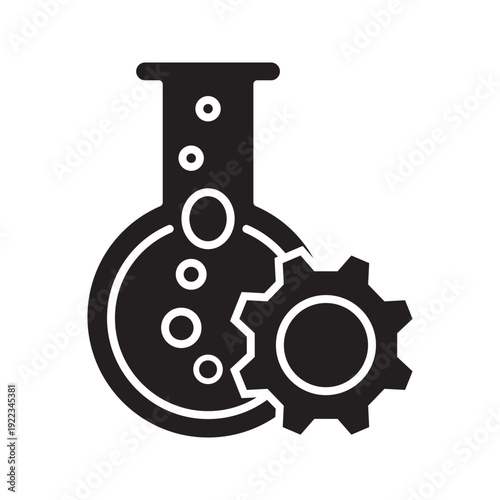 Minimalist editable stroke vector icon of laboratory flask combined with gear symbol representing research and development, chemical engineering, biotechnology, and scientific innovation.
