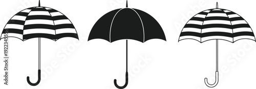 Black and white umbrella set, striped and solid rain umbrellas collection, minimalist vector illustration isolated on white background for weather design