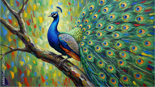 Colorful Peacock on Tree Branch – Vibrant Oil Paint Wildlife Art Illustration