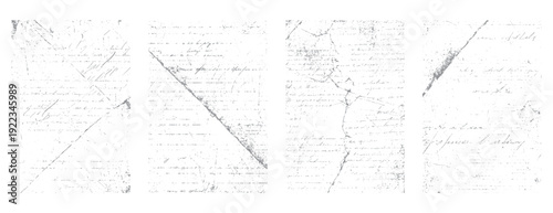 Faded handwritten script on aged paper with distressed textures and diagonal lines