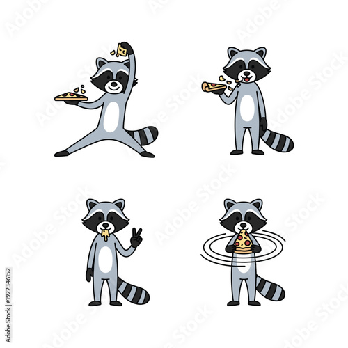 Cartoon raccoons having fun with food in various poses on white background