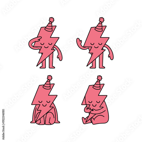 Cute cartoon lightning bolt characters in different poses with party hats