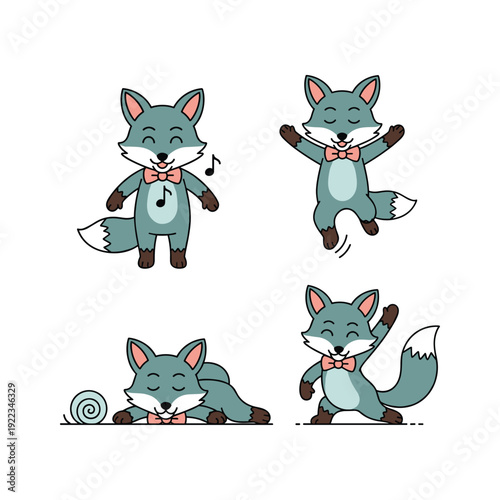 Cartoon fox character dancing and relaxing with coral bow tie