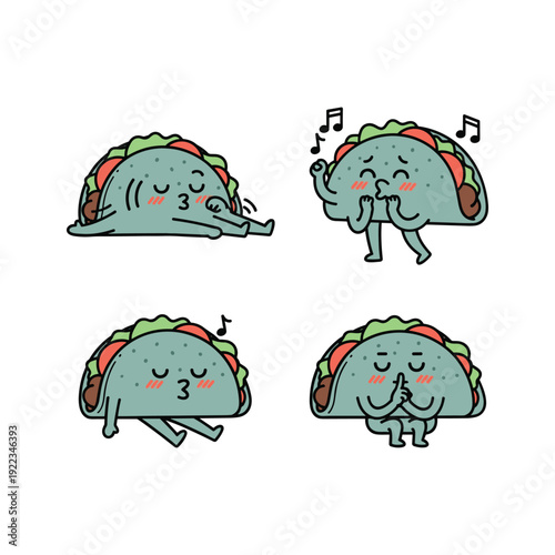 Cartoon tacos dancing and expressing emotions on white background with copy space