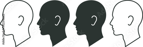 Human head silhouette profiles with ear icon, listening concept illustration representing communication, hearing, psychology and perception symbolism