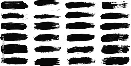 Collection of black grunge brush strokes, abstract ink paint smears, rough dry brush marks set isolated on white background vector illustration