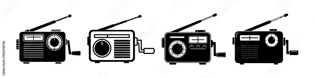 Fototapeta premium Collection of retro analog radios with antennas, some with winding handles, presented in a simple graphic style