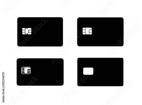 Set of four black credit cards with microchips, isolated on white background, representing payment and financial transactions