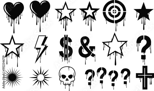 Collection of dripping grunge symbols and icons, black paint splatter hearts stars skull lightning bolt dollar sign isolated on white background vector illustration