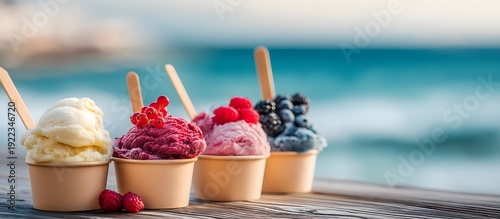 Delicious flavored ice creams on a beach background