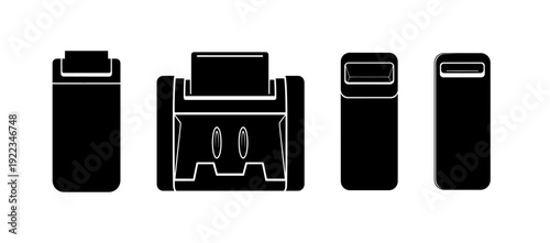 A versatile set of modern black silhouette icons representing electronic devices like servers, printers, and storage units, ideal for conceptual technology graphics and interface design projects