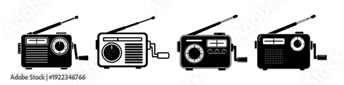 Collection of retro analog radios with antennas, some with winding handles, presented in a simple graphic style