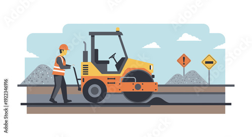 Construction Worker Operating Road Roller Machine 1.