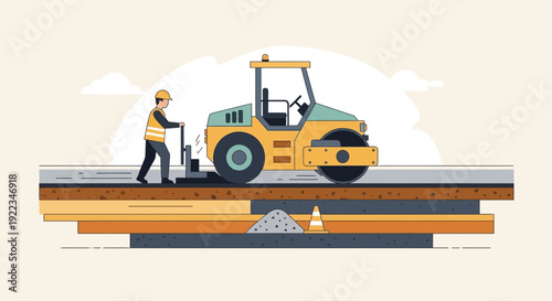 Construction Worker Operating Road Roller Machine.