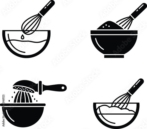 Cooking bowl and whisk icon set, black and white kitchen mixing and sifting tools vector illustration isolated on white background
