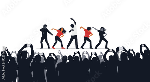 Silhouette dancers performing on stage with cheering audience under spotlight entertainment show