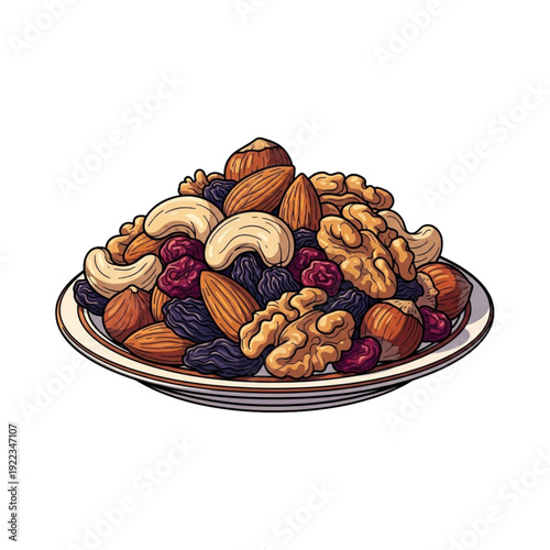 Mixed Nuts and Dried Fruits on Plate Illustration