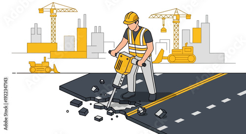 Construction Worker Repairing Road Surface.