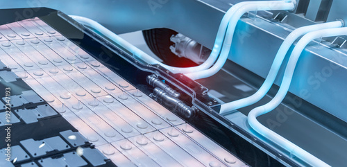 electric system of eco car engine, Electric car lithium battery pack and power connections, Automotive part concept.